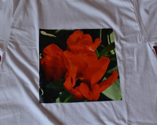 Red flower from Durham Park printed onto a white t-shirt