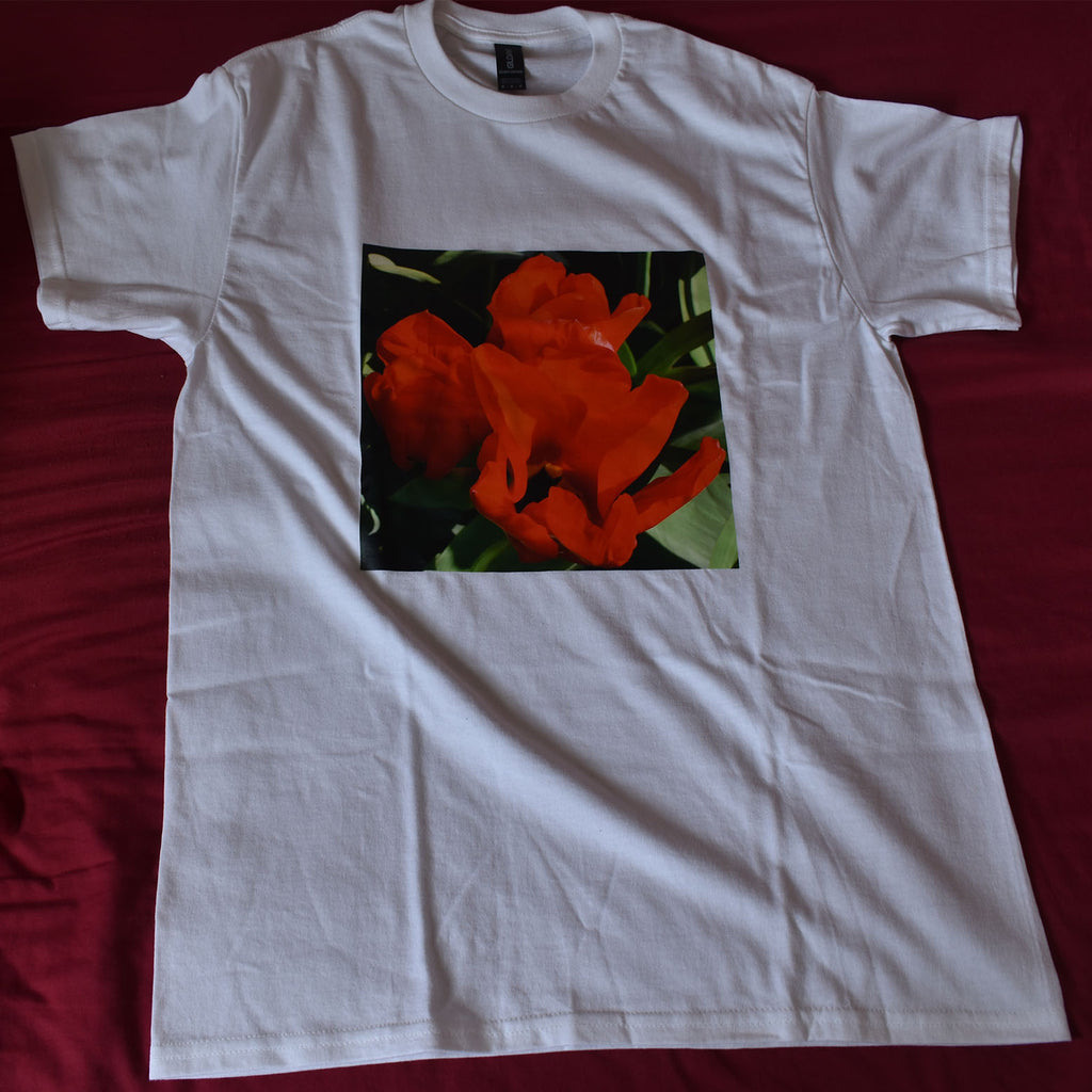 Red flower from Durham Park printed onto a white t-shirt